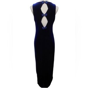Vintage Navy Blue Velvet Sleeveless Maxi Dress halter prom formal Y2K 90s Jewel
